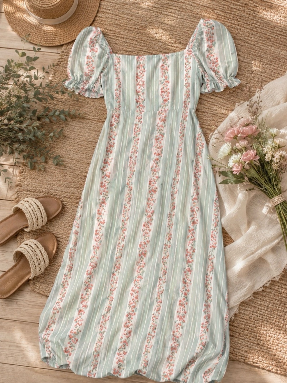 WeWoreWhat Pastel Green and Pink Floral Stripe Maxi Dress